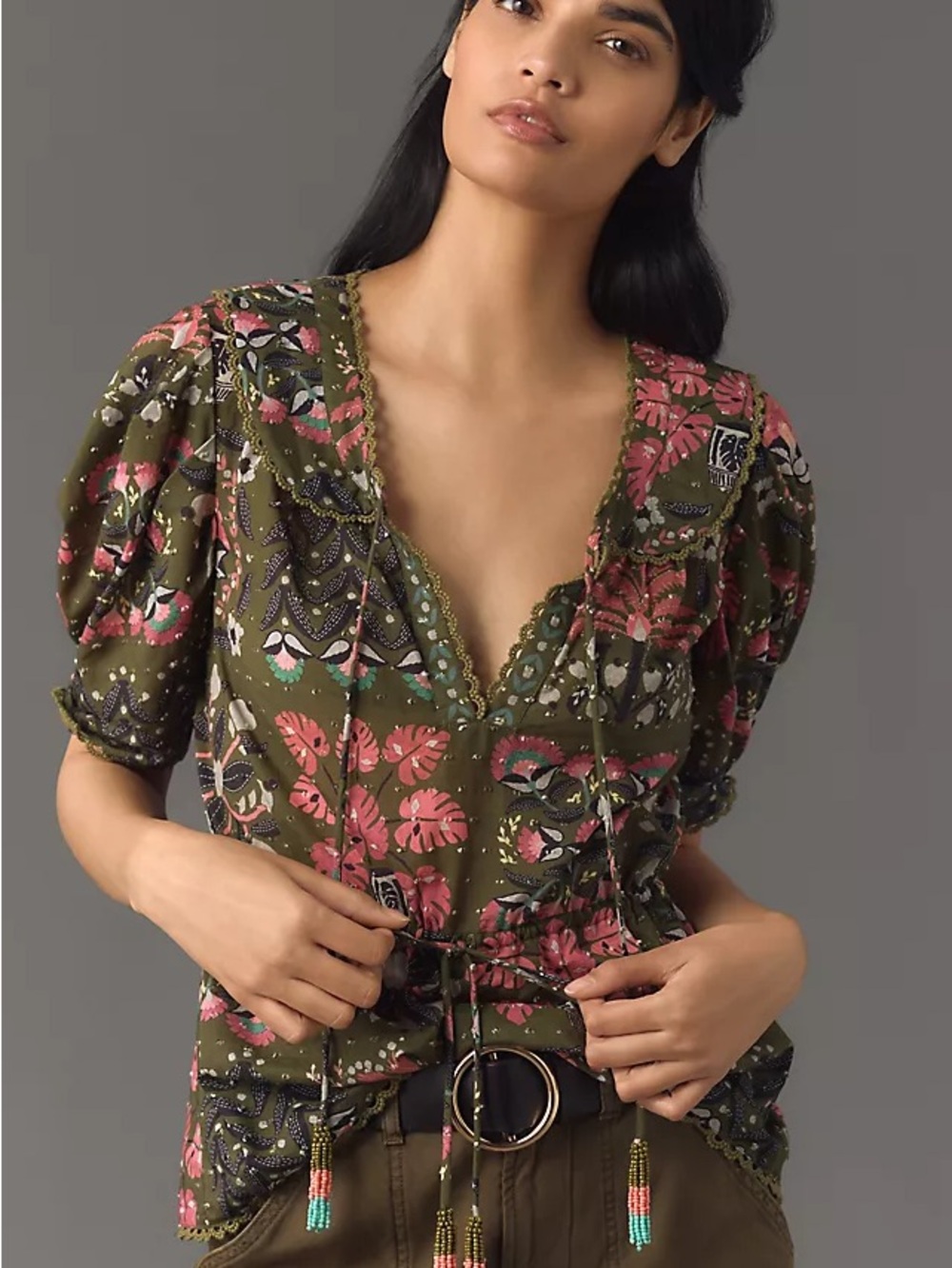 Farm Rio Anthro Puff-Sleeve Babydoll Peasant Blouse Olive Green floral Size M